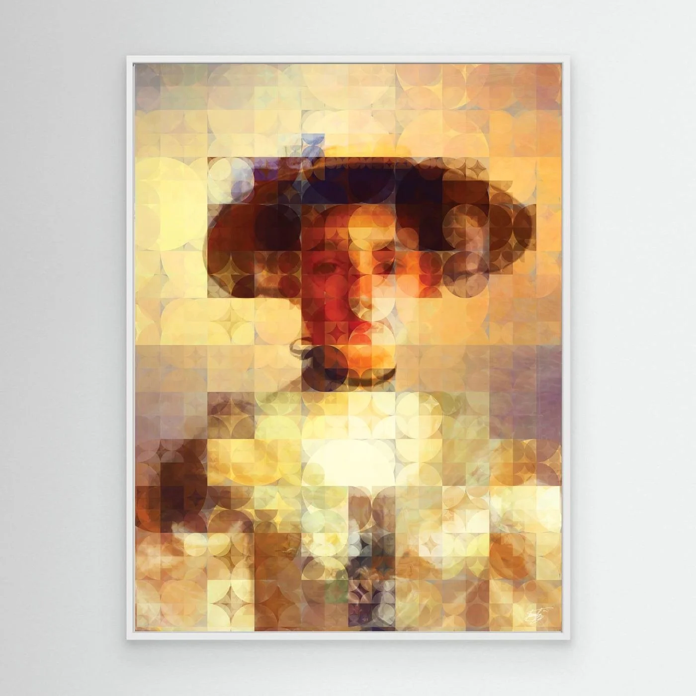 Contemporary fine art print of a classical portrait of a lady with hat, on a geometric grid of circular patterns in bright gold, cream, and beige tones, framed and ready to hang. With white frame