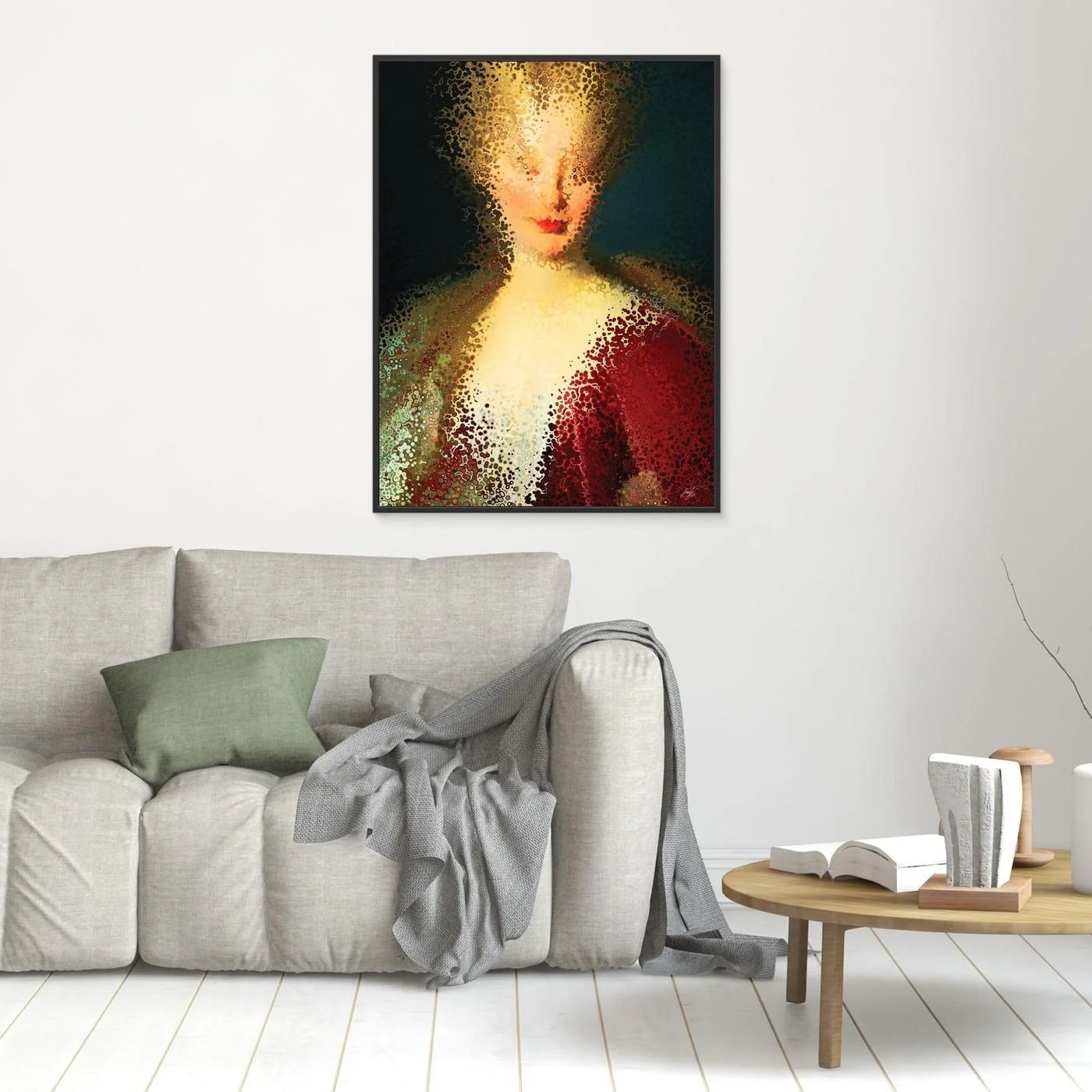 Contemporary fine art print of a deconstructed classical portrait of a woman dissolving into stipple textures in warm gold and deep crimson red, framed and ready to hang. In living room
