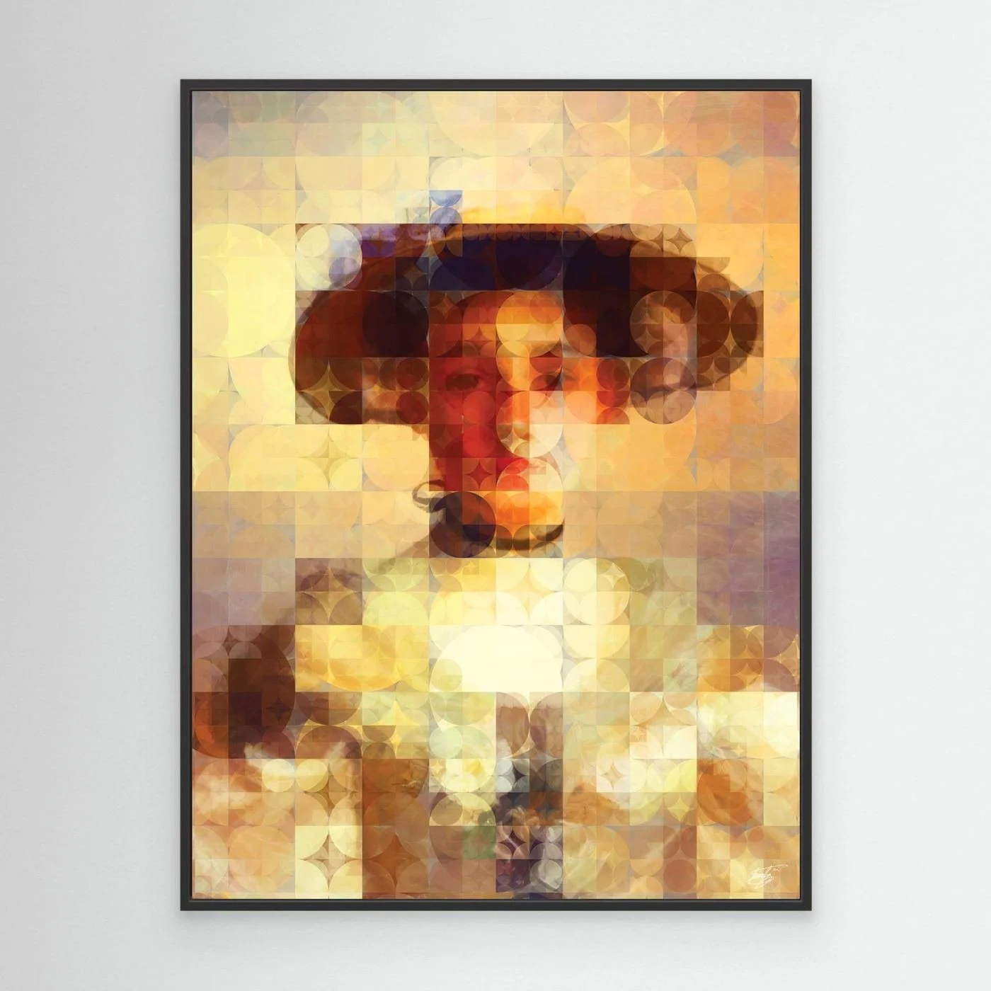 Contemporary fine art print of a classical portrait of a lady with hat, on a geometric grid of circular patterns in bright gold, cream, and beige tones, framed and ready to hang. With black frame