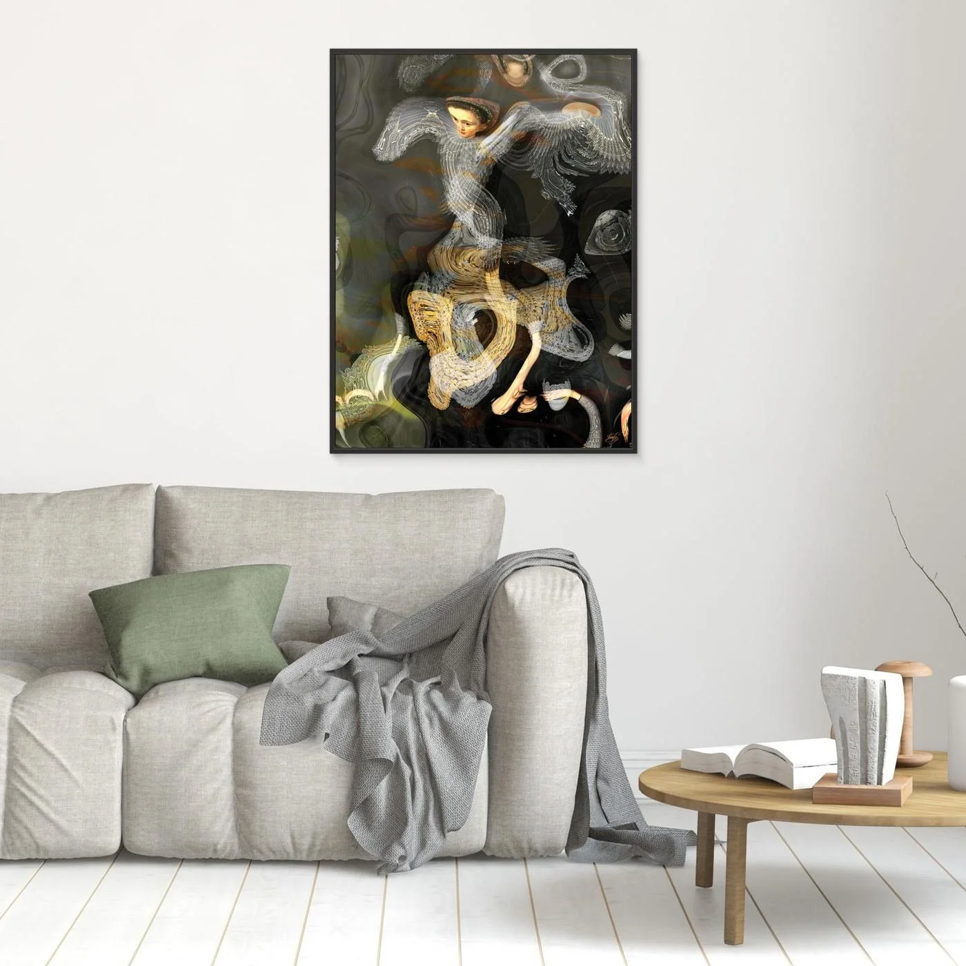 Contemporary fine art print of a surreal, liquid deconstruction of a classical Renaissance portrait with fractal lace textures on smoky background, framed and ready to hang. In living room