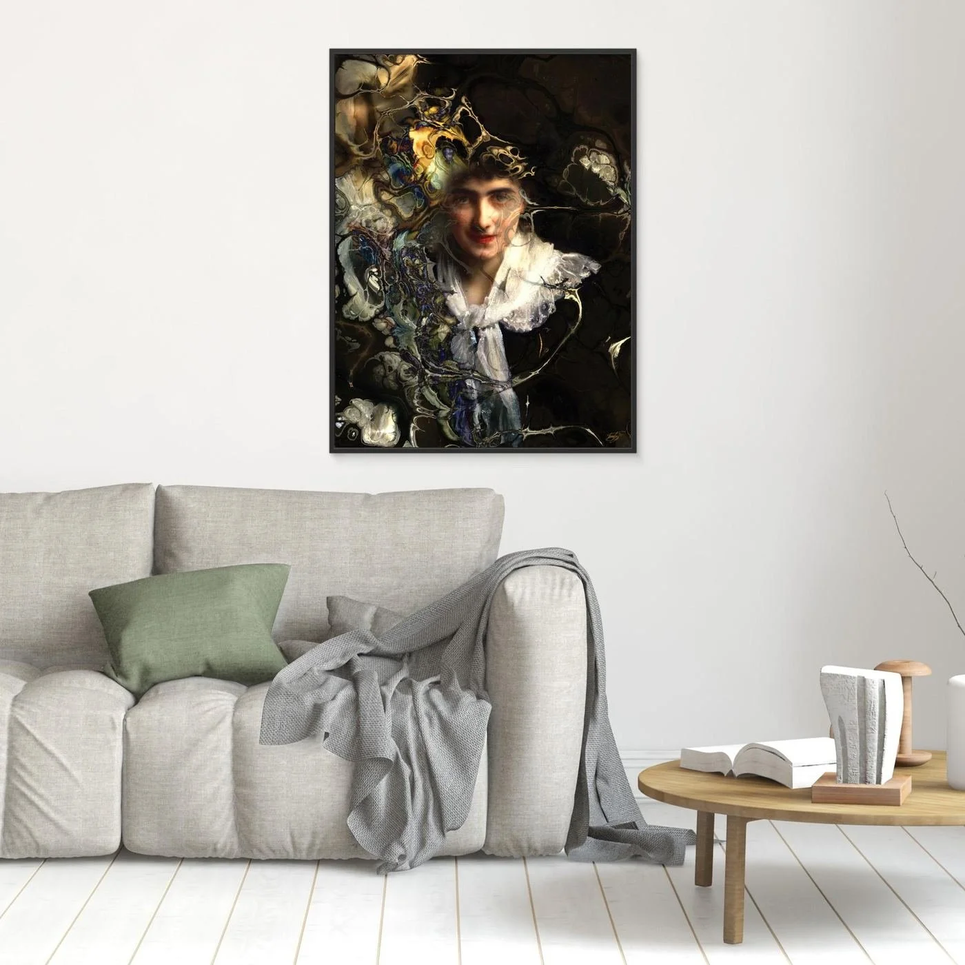Contemporary fine art print with a classical vintage portrait of a woman with complex fluid marble textures, fractal patterns, and a dark moody background, framed and ready to hang. In living room
