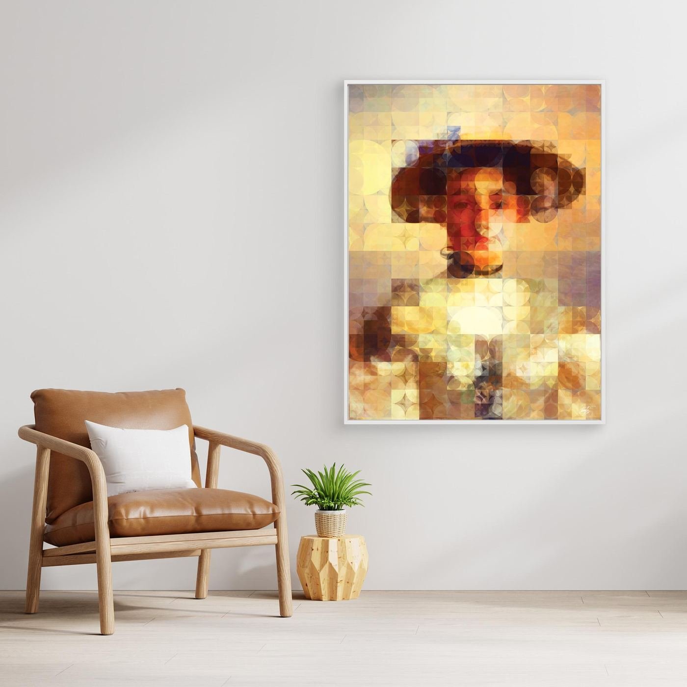 Contemporary fine art print of a classical portrait of a lady with hat, on a geometric grid of circular patterns in bright gold, cream, and beige tones, framed and ready to hang. With chair