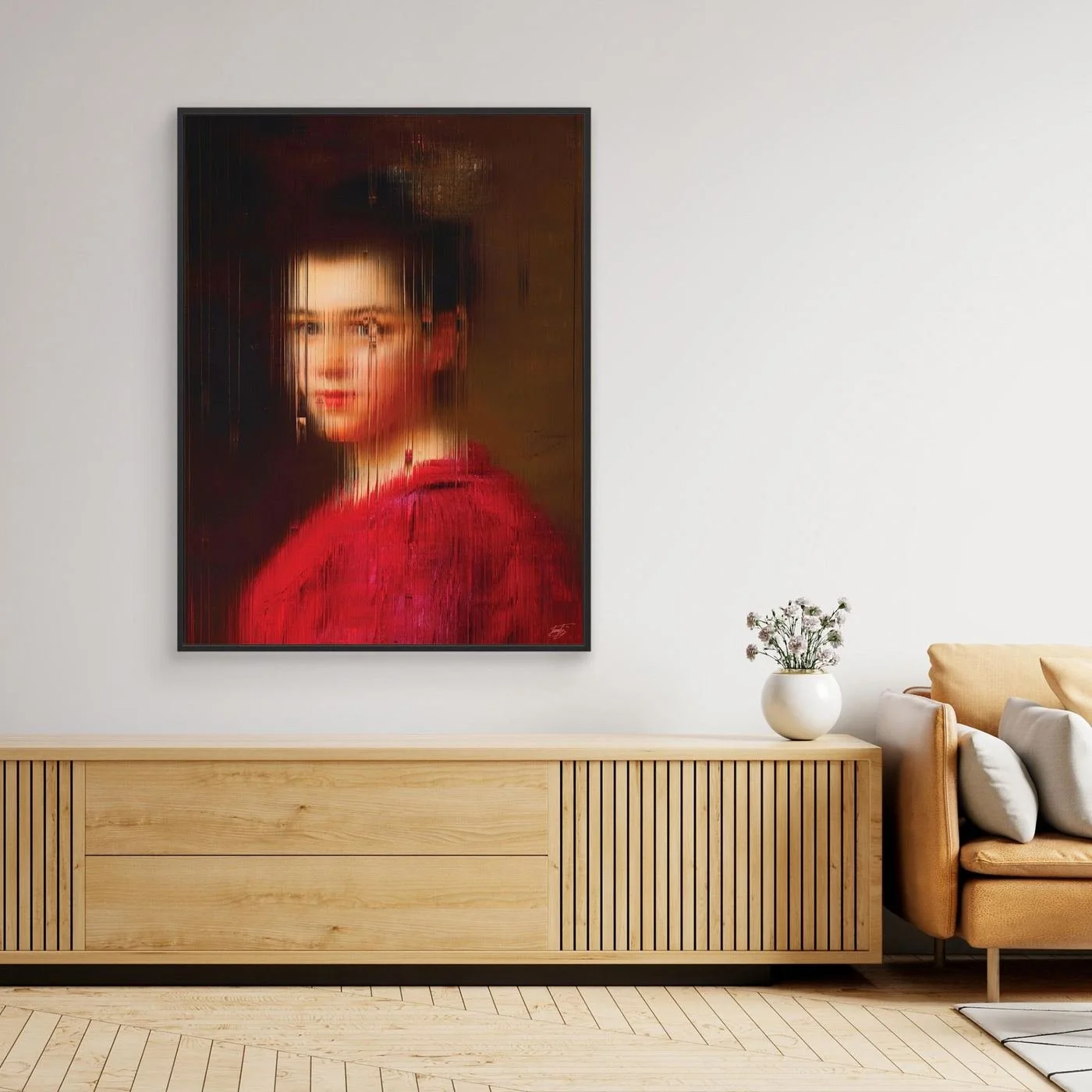 Contemporary fine art print of a classical portrait of a woman in a red dress, deconstructed through fine vertical digital glitch on dark background, framed and ready to hang. Over wooden console