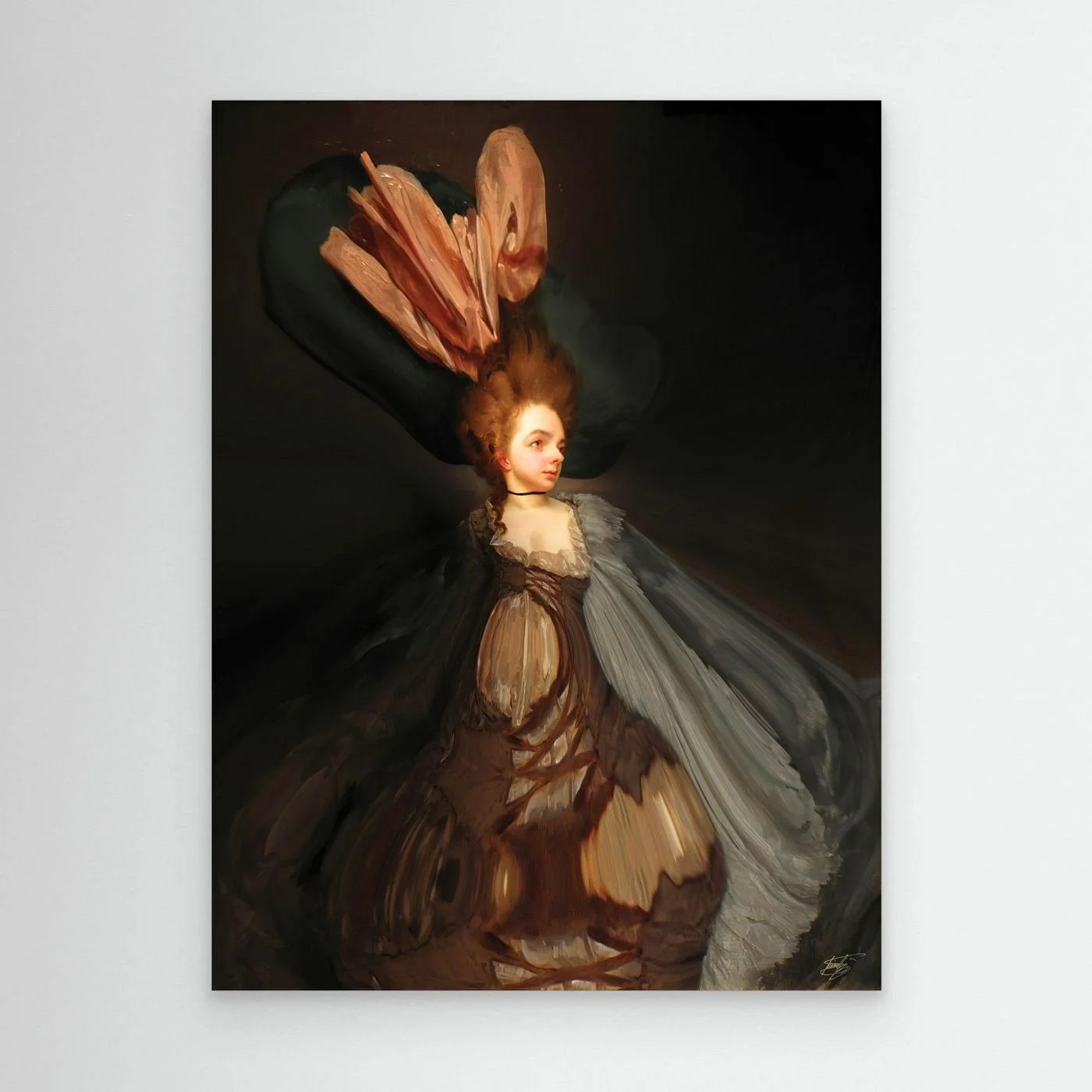 Contemporary fine art print of a surreal deconstruction of a classical lady portrait, featuring an exaggerated hat and a sweeping distorted gown, framed and ready to hang.