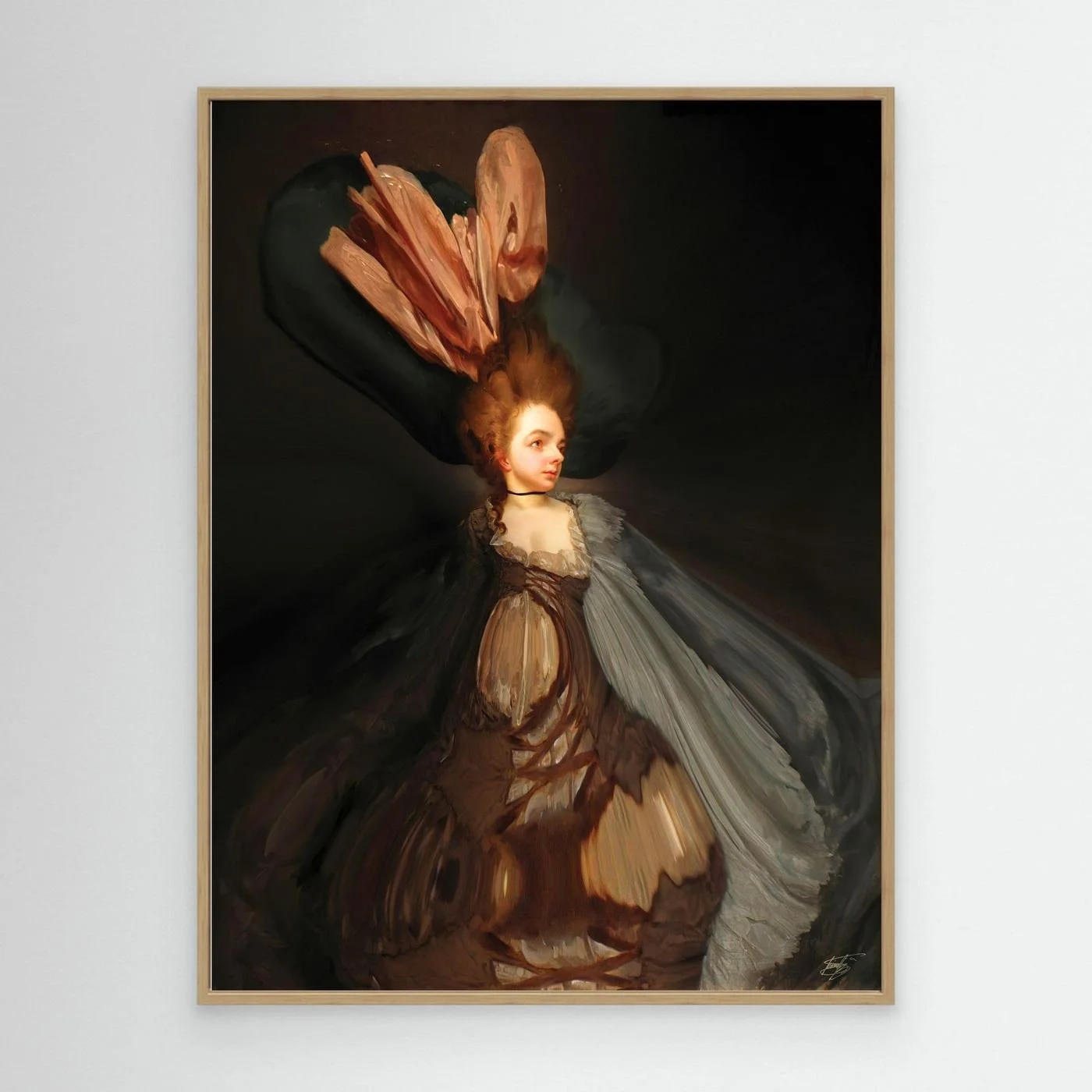 Contemporary fine art print of a surreal deconstruction of a classical lady portrait, featuring an exaggerated hat and a sweeping distorted gown, framed and ready to hang. With wooden frame