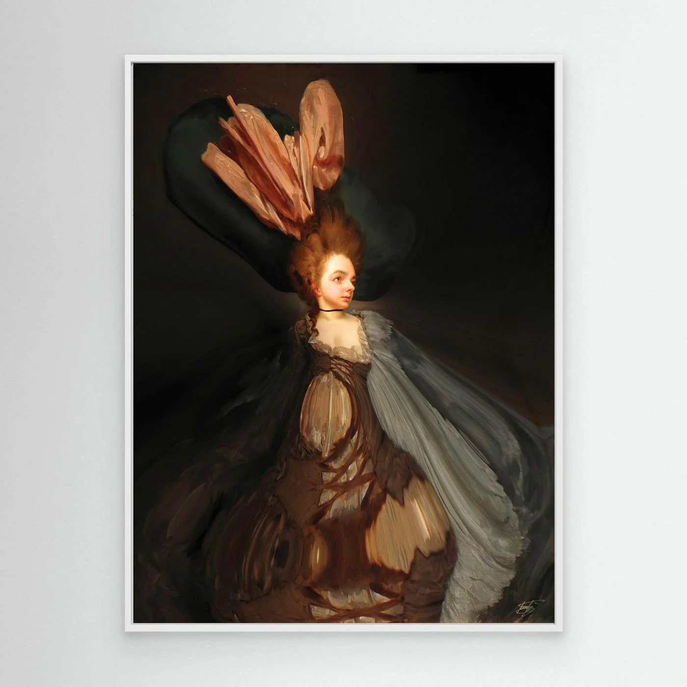 Contemporary fine art print of a surreal deconstruction of a classical lady portrait, featuring an exaggerated hat and a sweeping distorted gown, framed and ready to hang. With white frame