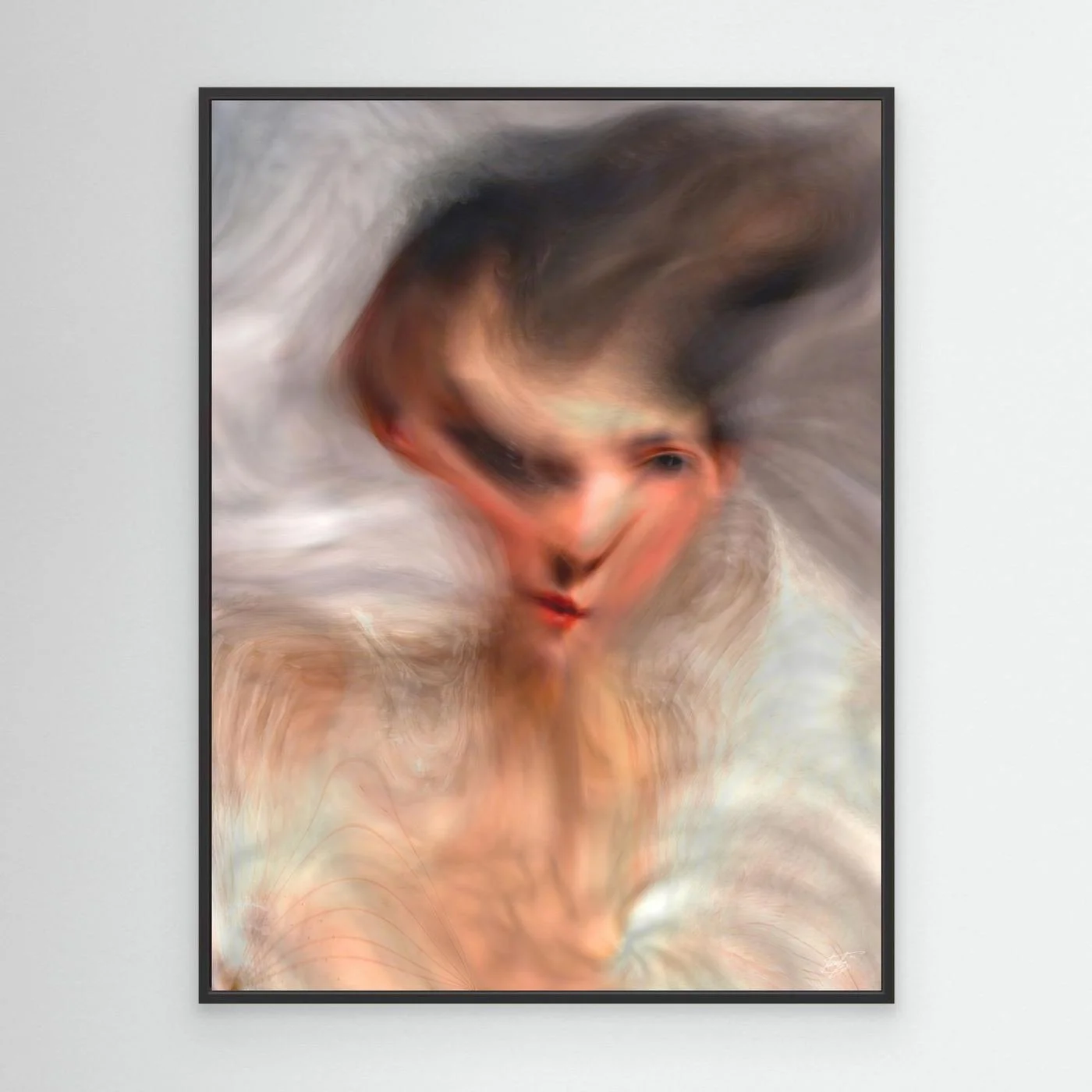 Contemporary art of a surreal, liquid deconstruction of a classical portrait with soft smoky textures and an ethereal movement in cream and gray tones, framed and ready to hang. With black frame