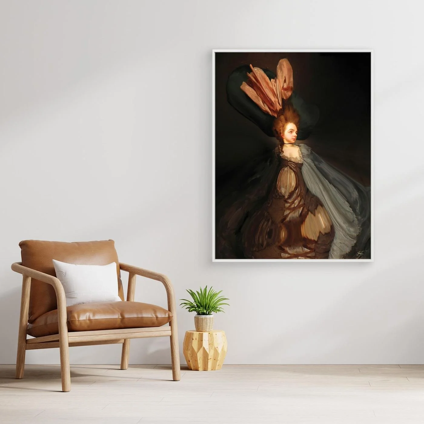 Contemporary fine art print of a surreal deconstruction of a classical lady portrait, featuring an exaggerated hat and a sweeping distorted gown, framed and ready to hang. With chair