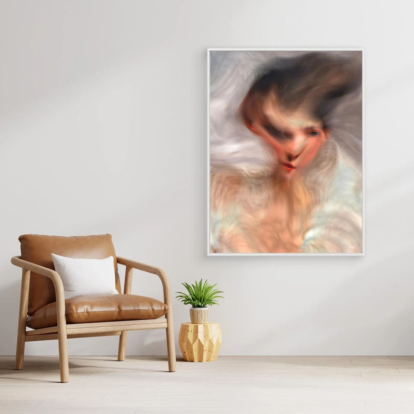 Contemporary art of a surreal, liquid deconstruction of a classical portrait with soft smoky textures and an ethereal movement in cream and gray tones, framed and ready to hang. With chair