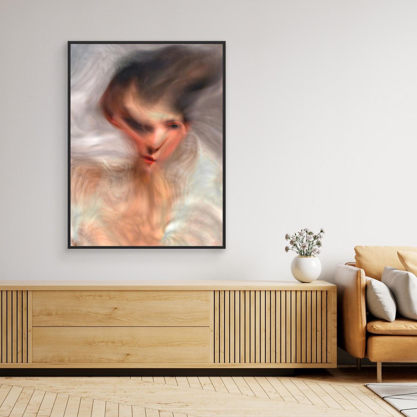 Contemporary art of a surreal, liquid deconstruction of a classical portrait with soft smoky textures and an ethereal movement in cream and gray tones, framed and ready to hang. Over wooden console