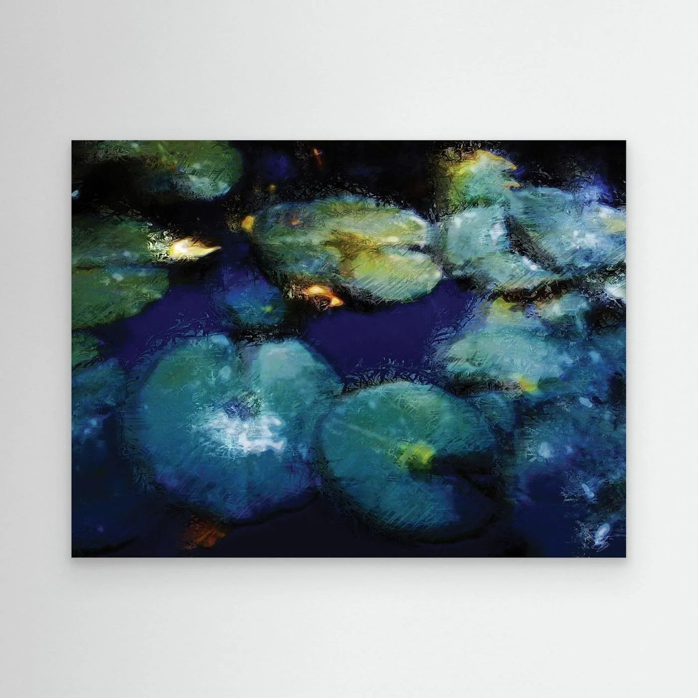 Abstract fine art print evoking a serene pond with lily pads in deep blue, teal, and green tones with impressionistic light textures, framed and ready to hang.
