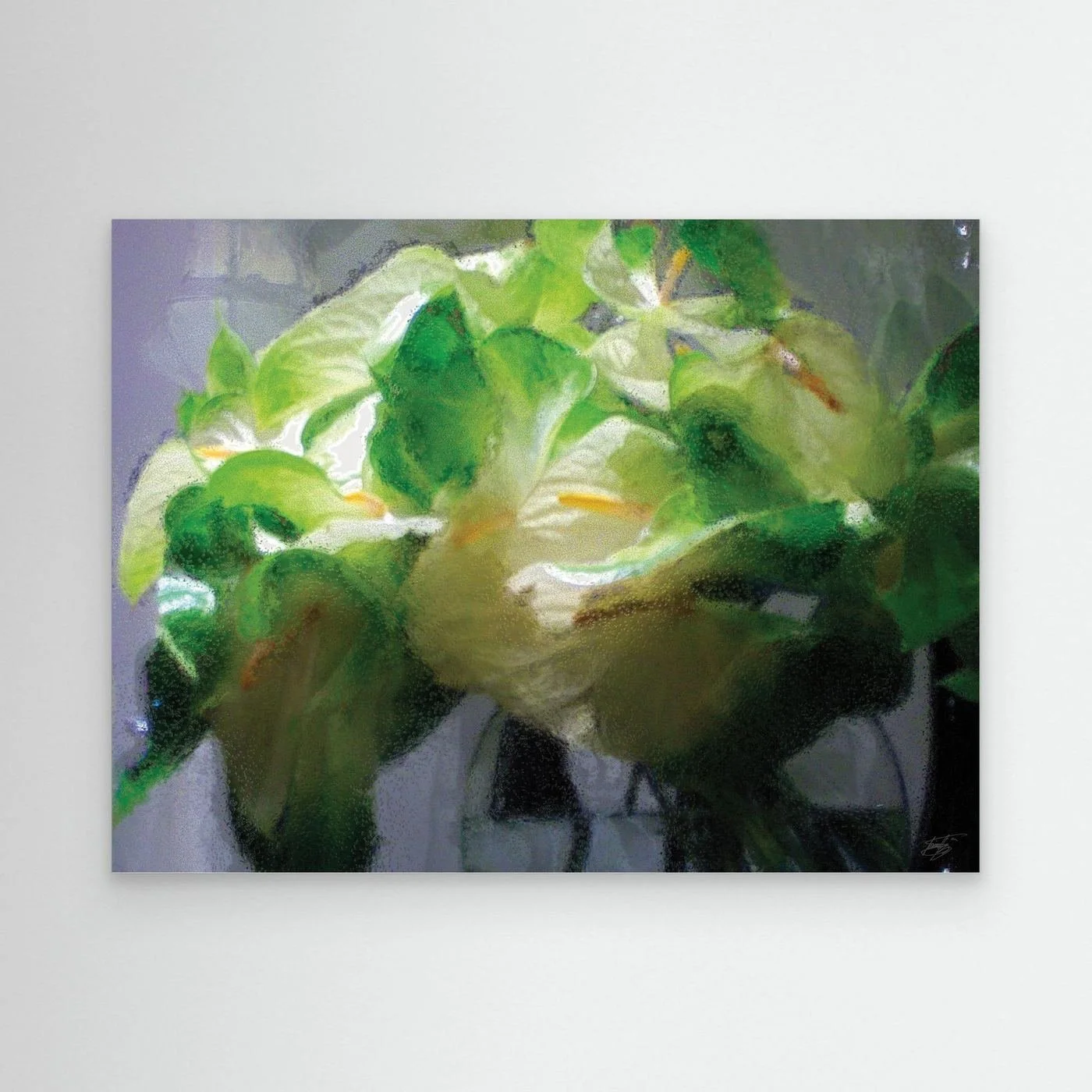 Abstract fine art print of a white and green calla lily bouquet with a heavily textured frosted glass effect, framed and ready to hang.