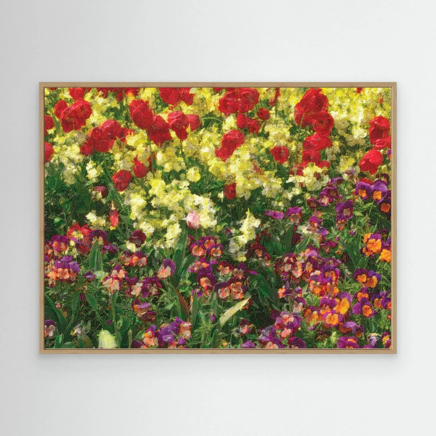 Impressionist art print showcasing a field of spring flowers with oil painting textures, red tulips, yellow blossoms, and purple pansies, framed and ready to hang. With wooden frame
