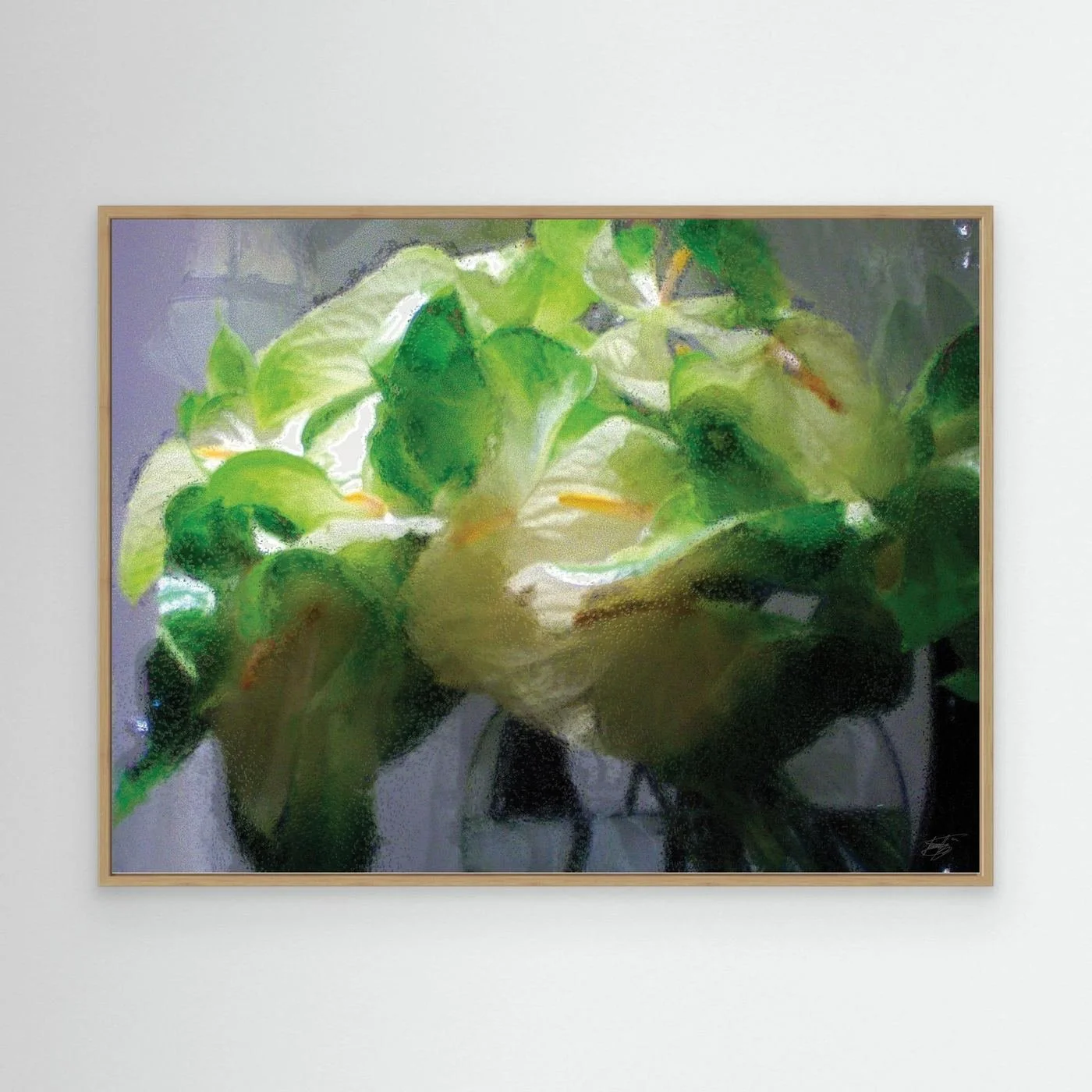 Abstract fine art print of a white and green calla lily bouquet with a heavily textured frosted glass effect, framed and ready to hang. With wooden frame
