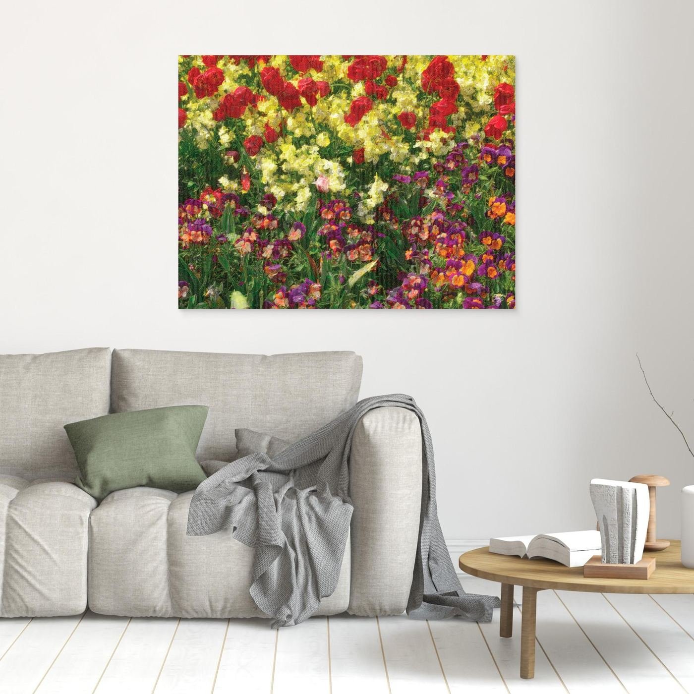 Impressionist art print showcasing a field of spring flowers with oil painting textures, red tulips, yellow blossoms, and purple pansies, framed and ready to hang. In living room