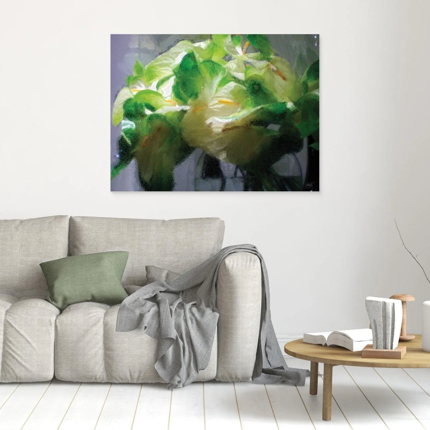 Abstract fine art print of a white and green calla lily bouquet with a heavily textured frosted glass effect, framed and ready to hang. In living room