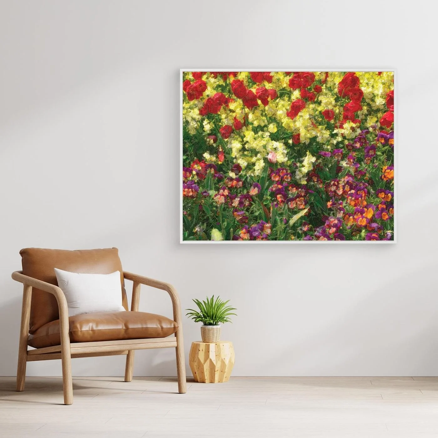 Impressionist art print showcasing a field of spring flowers with oil painting textures, red tulips, yellow blossoms, and purple pansies, framed and ready to hang. With chair