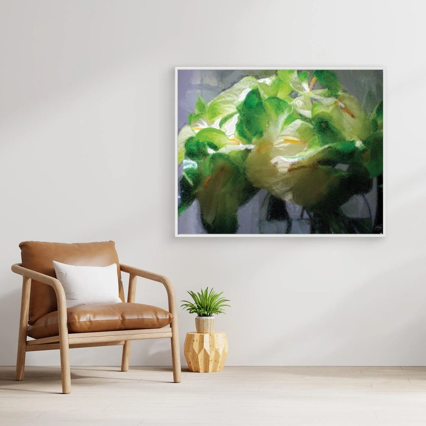 Abstract fine art print of a white and green calla lily bouquet with a heavily textured frosted glass effect, framed and ready to hang. With chair