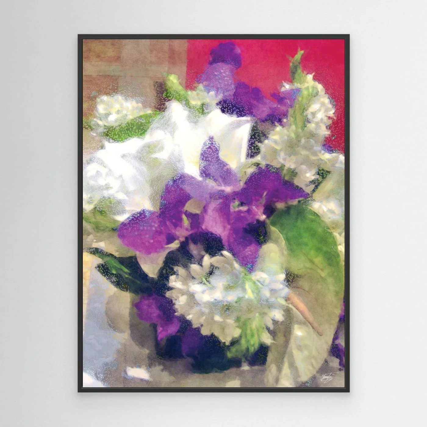 Abstract fine art print of a floral bouquet featuring white lilies and purple irises with a textured glass finish, framed and ready to hang. With black frame
