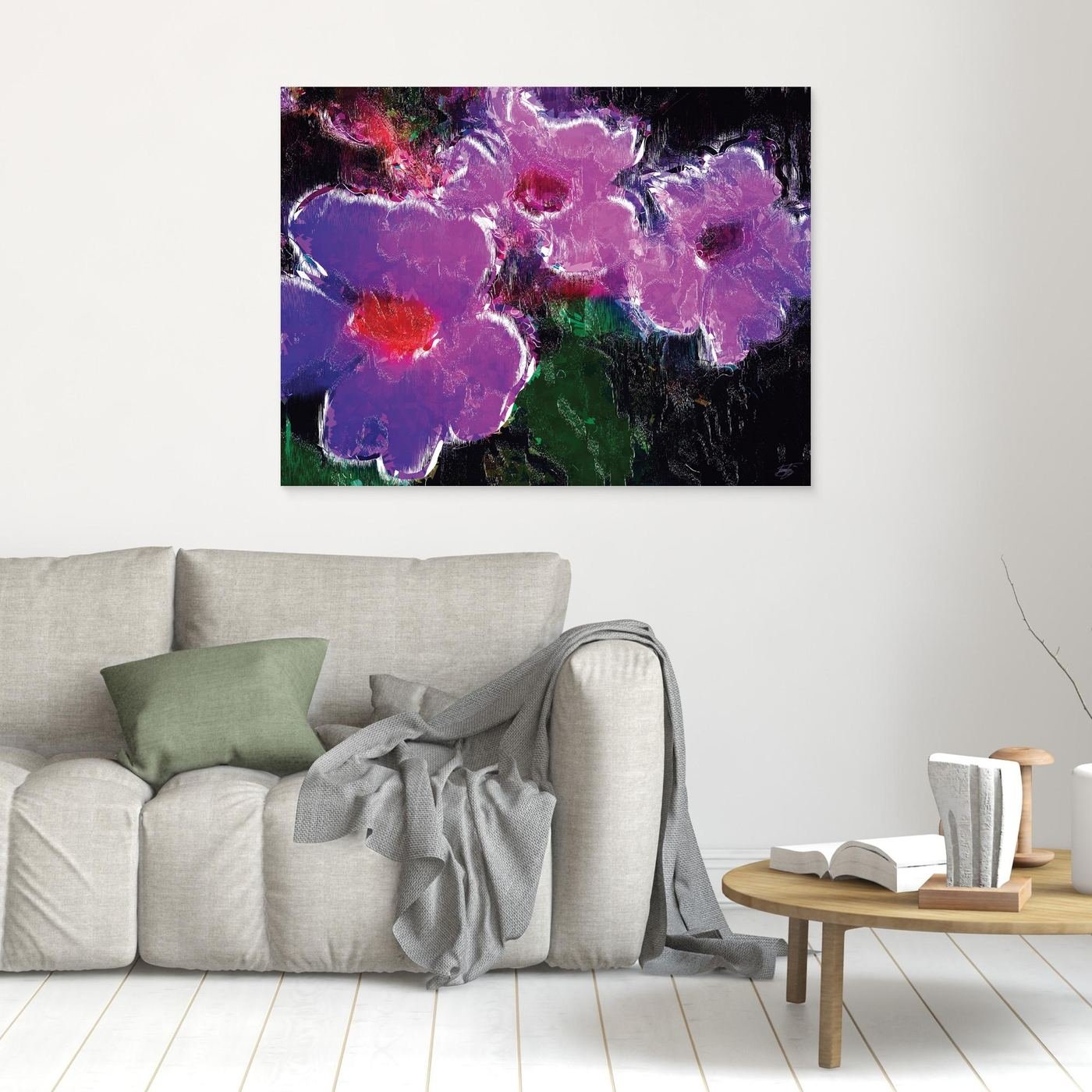 Abstract fine art print showcasing vibrant violet and lavender flowers with digital glitch textures against a dark moody background, framed and ready to hang. In living room