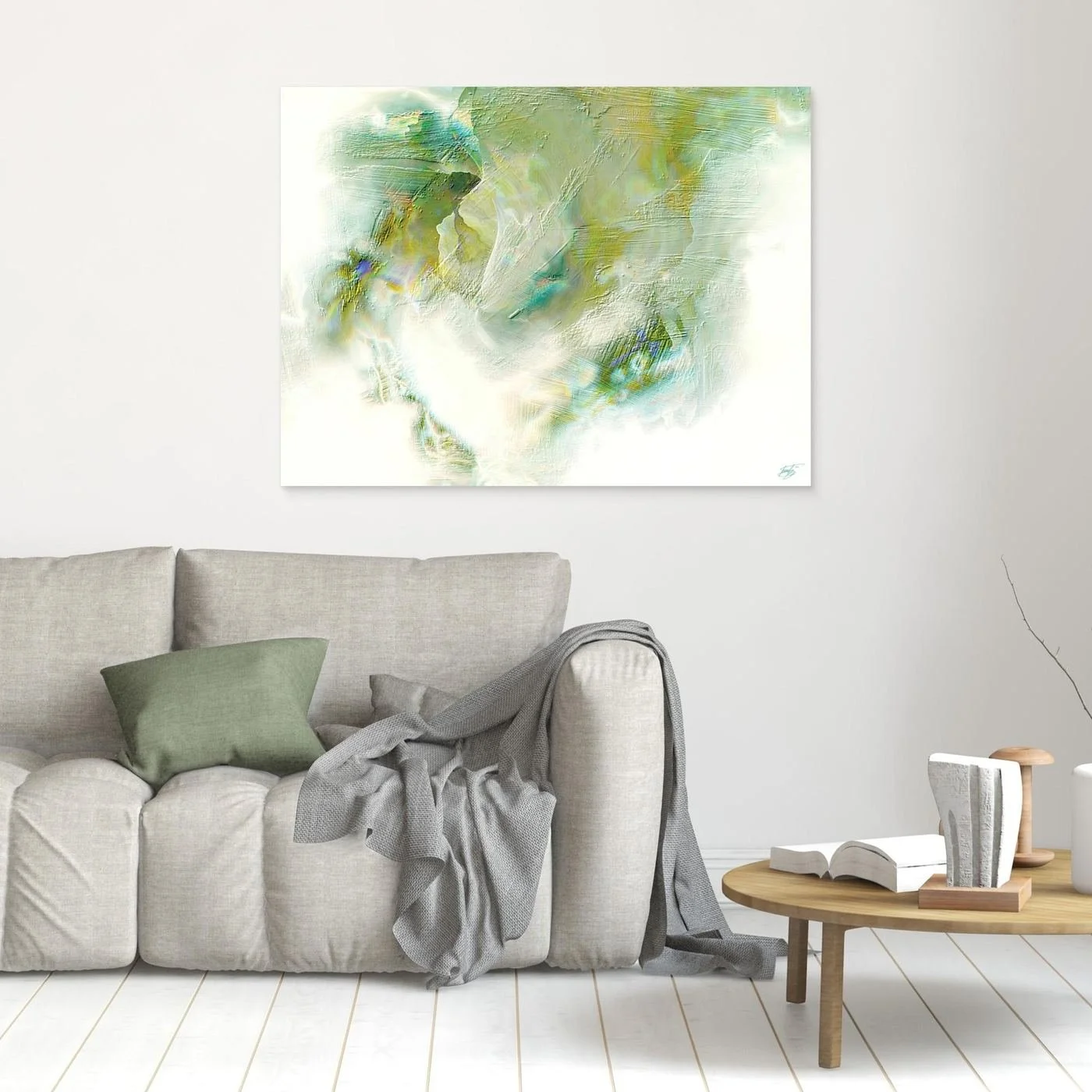 Minimalist fine art print showcasing heavy impasto brushstroke textures in soft sage, olive green, and beige tones on a bright white background, framed and ready to hang. In living room