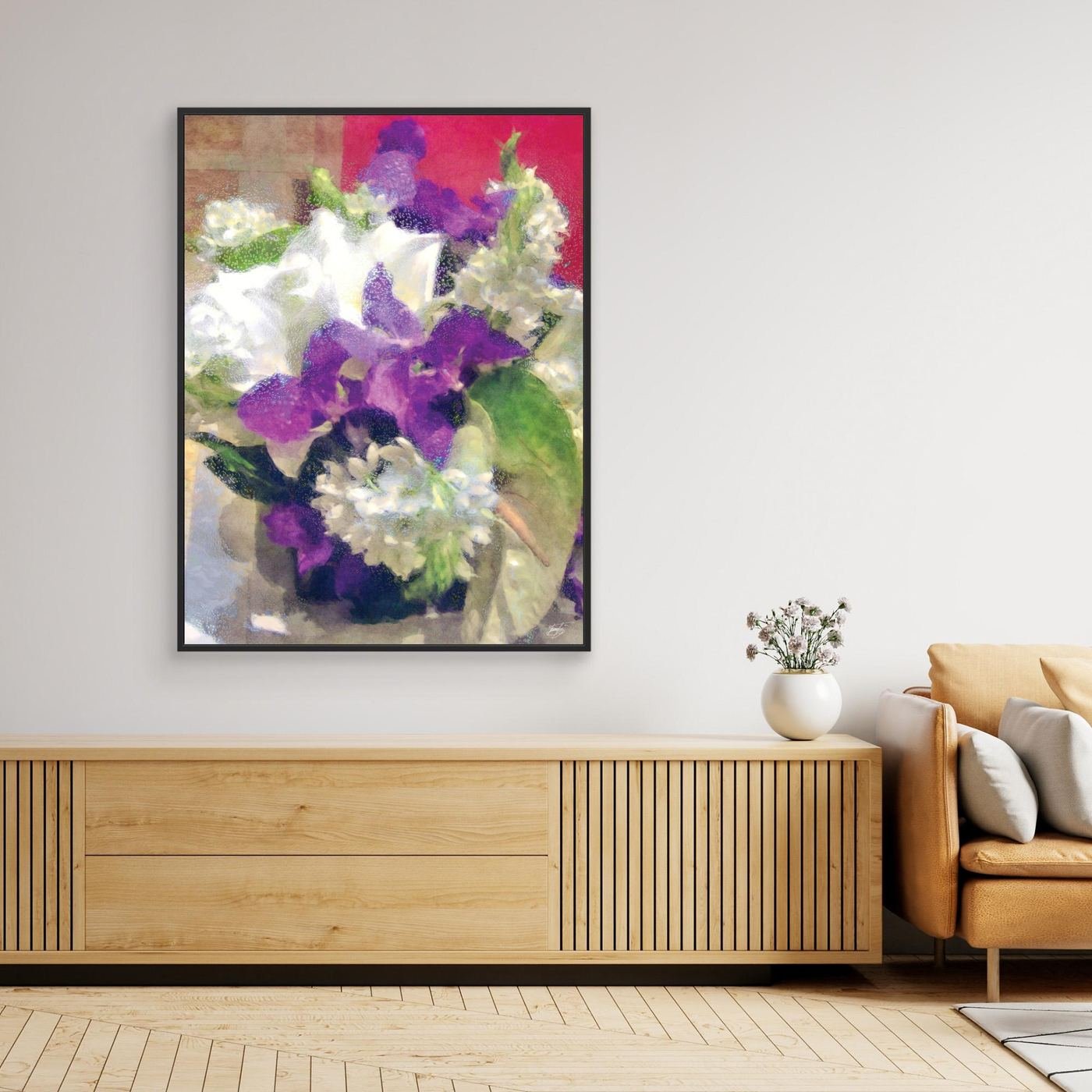 Abstract fine art print of a floral bouquet featuring white lilies and purple irises with a textured glass finish, framed and ready to hang. Over wooden console