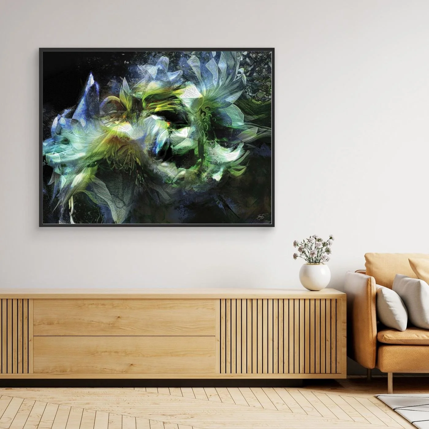 Abstract fine art print featuring ethereal lily flowers with intricate layered textures in green, teal, and blue tones against a dark background, framed and ready to hang. Over wooden console