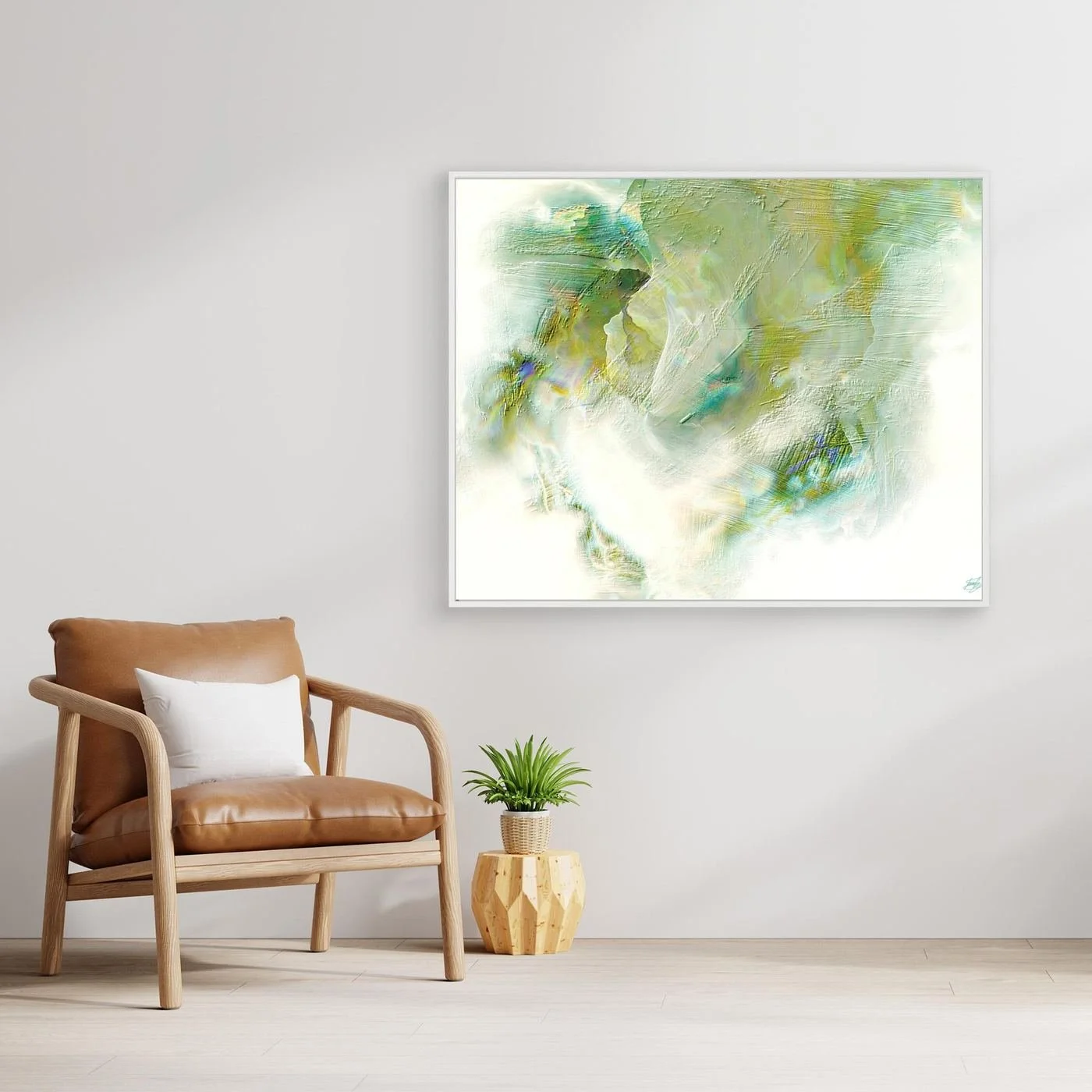 Minimalist fine art print showcasing heavy impasto brushstroke textures in soft sage, olive green, and beige tones on a bright white background, framed and ready to hang. With chair