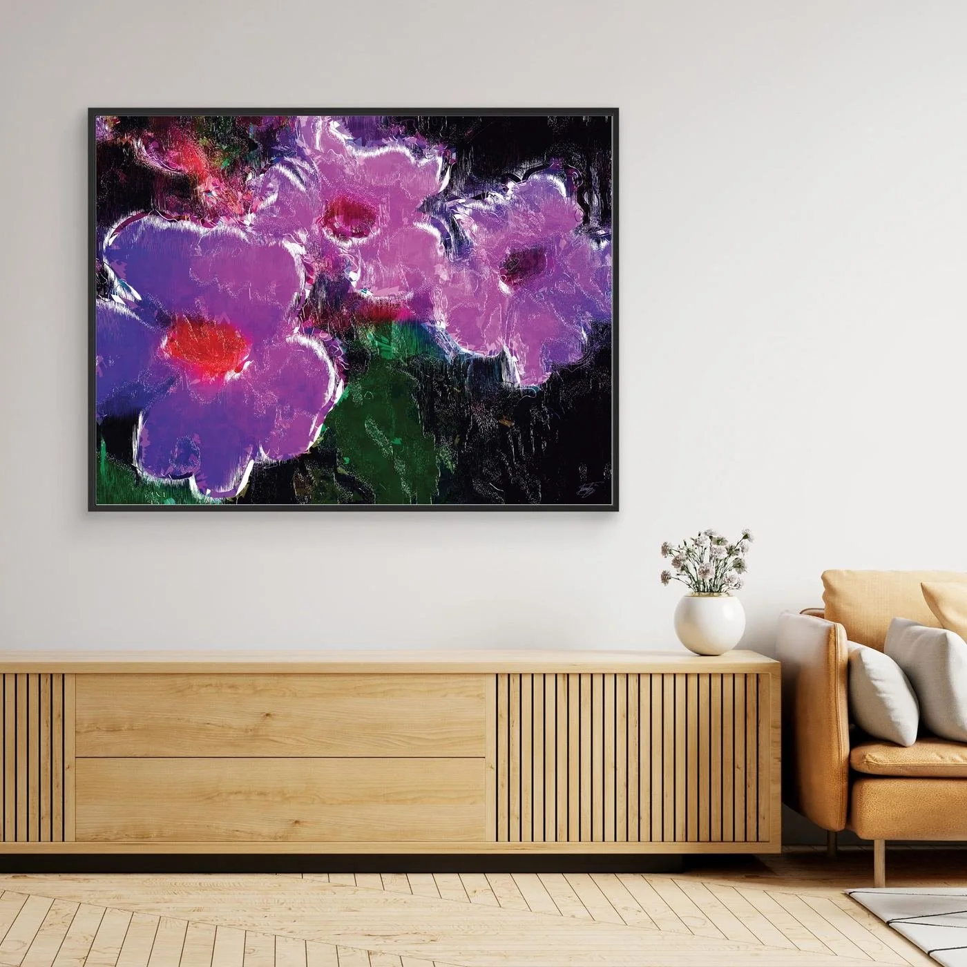 Abstract fine art print showcasing vibrant violet and lavender flowers with digital glitch textures against a dark moody background, framed and ready to hang. Over wooden console