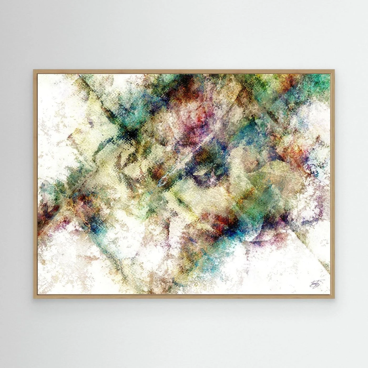 Abstract fine art print with heavy distressed textures and geometric overlays in green, gold, and burgundy tones on a bright background, framed and ready to hang. With wooden frame