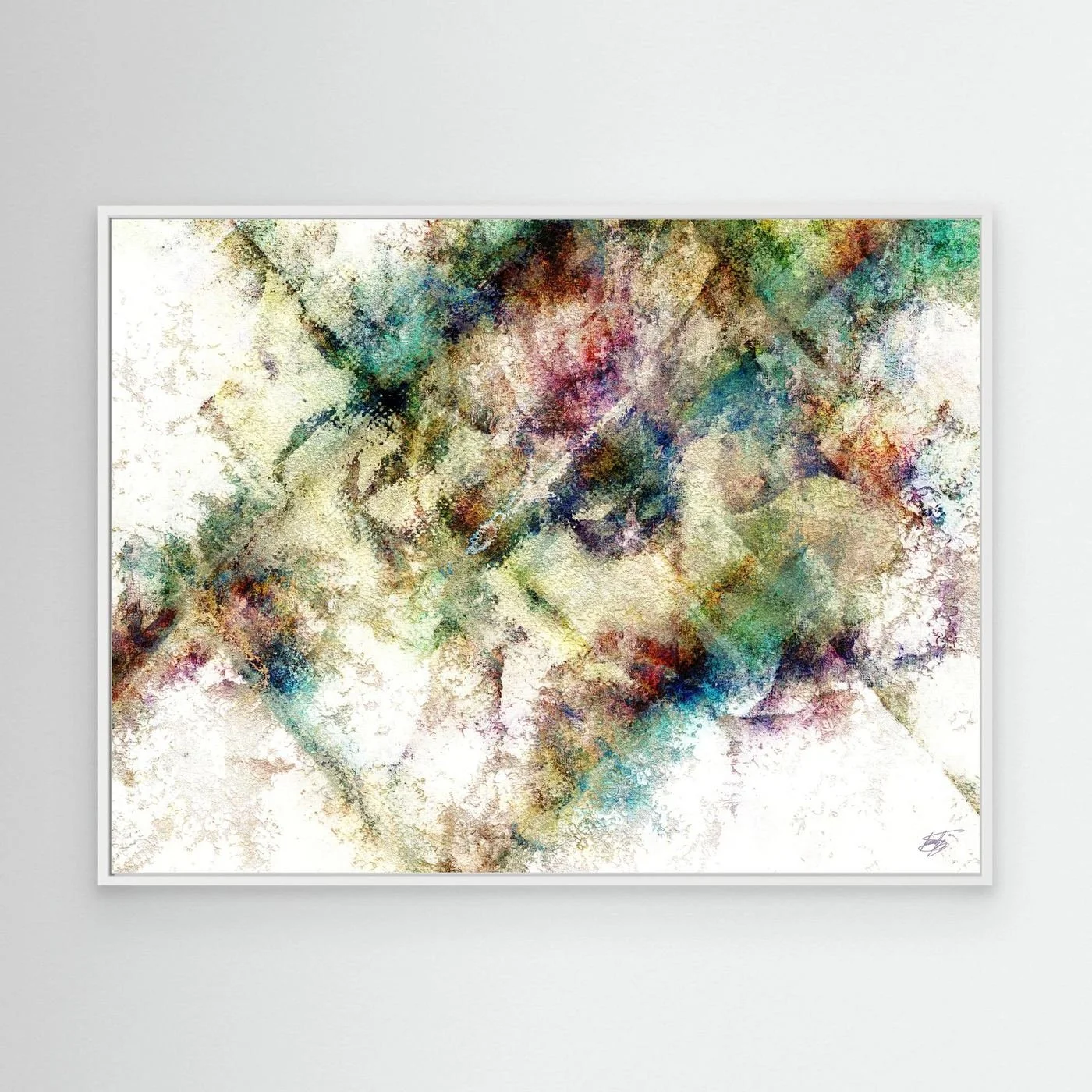 Abstract fine art print with heavy distressed textures and geometric overlays in green, gold, and burgundy tones on a bright background, framed and ready to hang. With white frame