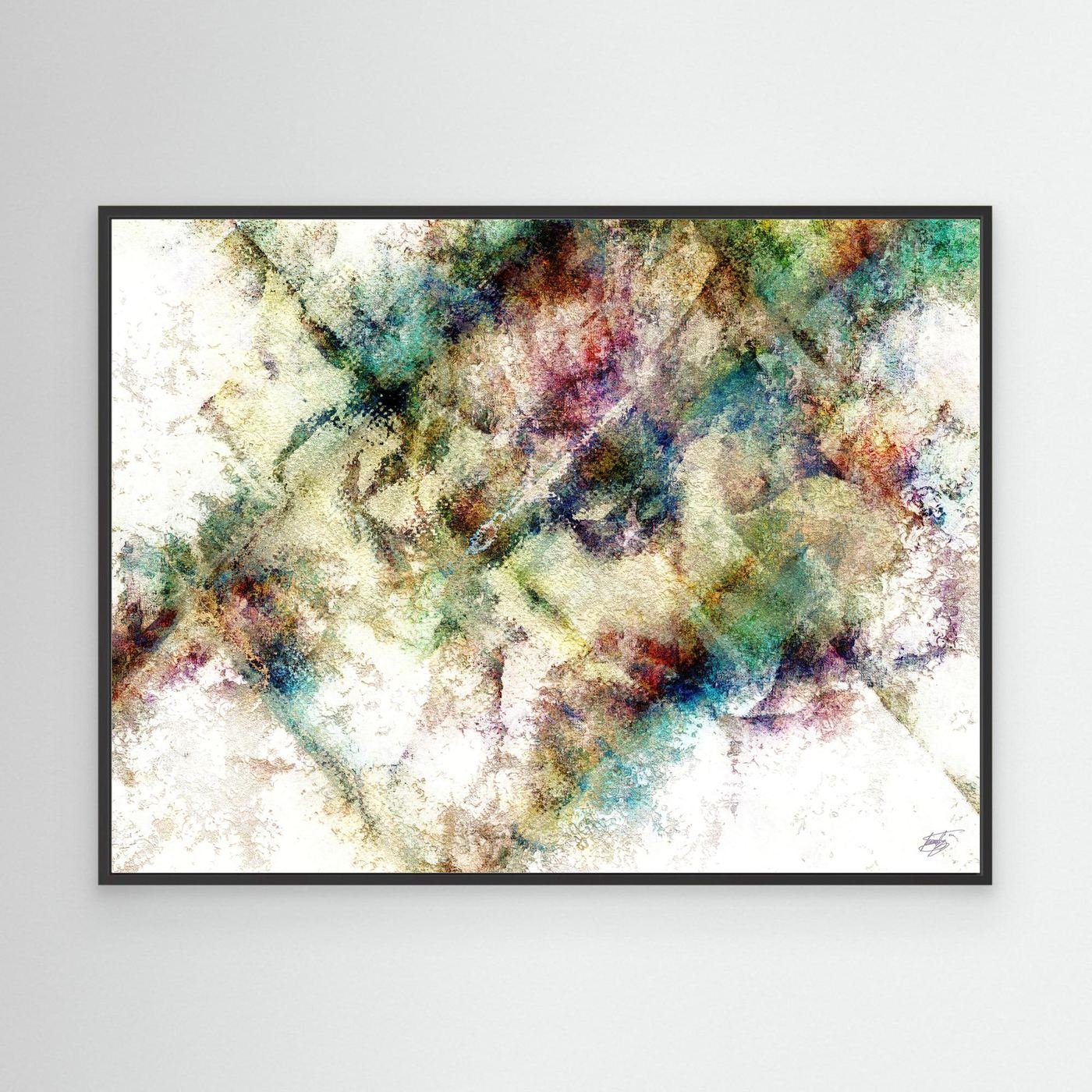 Abstract fine art print with heavy distressed textures and geometric overlays in green, gold, and burgundy tones on a bright background, framed and ready to hang. With black frame