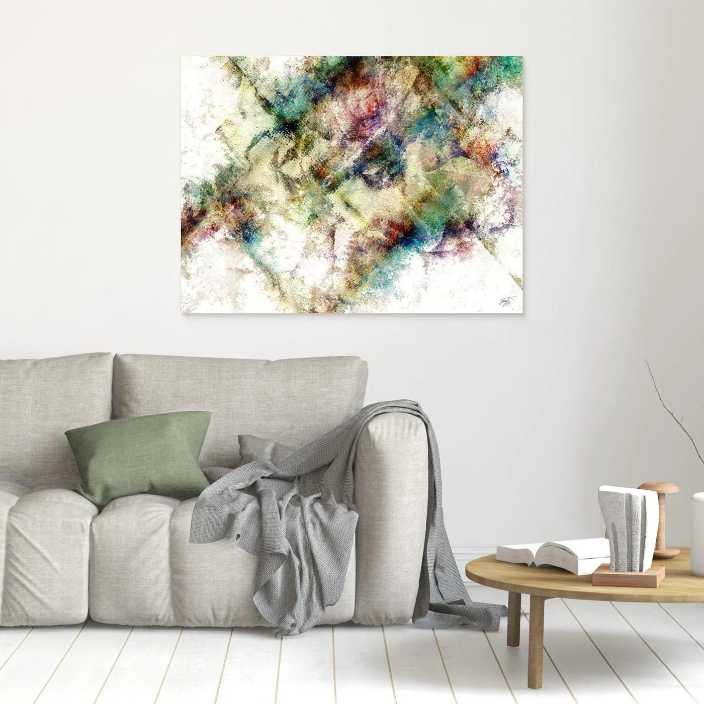 Abstract fine art print with heavy distressed textures and geometric overlays in green, gold, and burgundy tones on a bright background, framed and ready to hang. In living room