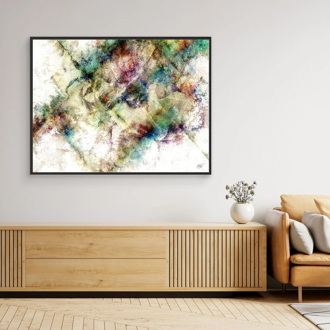 Abstract fine art print with heavy distressed textures and geometric overlays in green, gold, and burgundy tones on a bright background, framed and ready to hang. Over wooden console