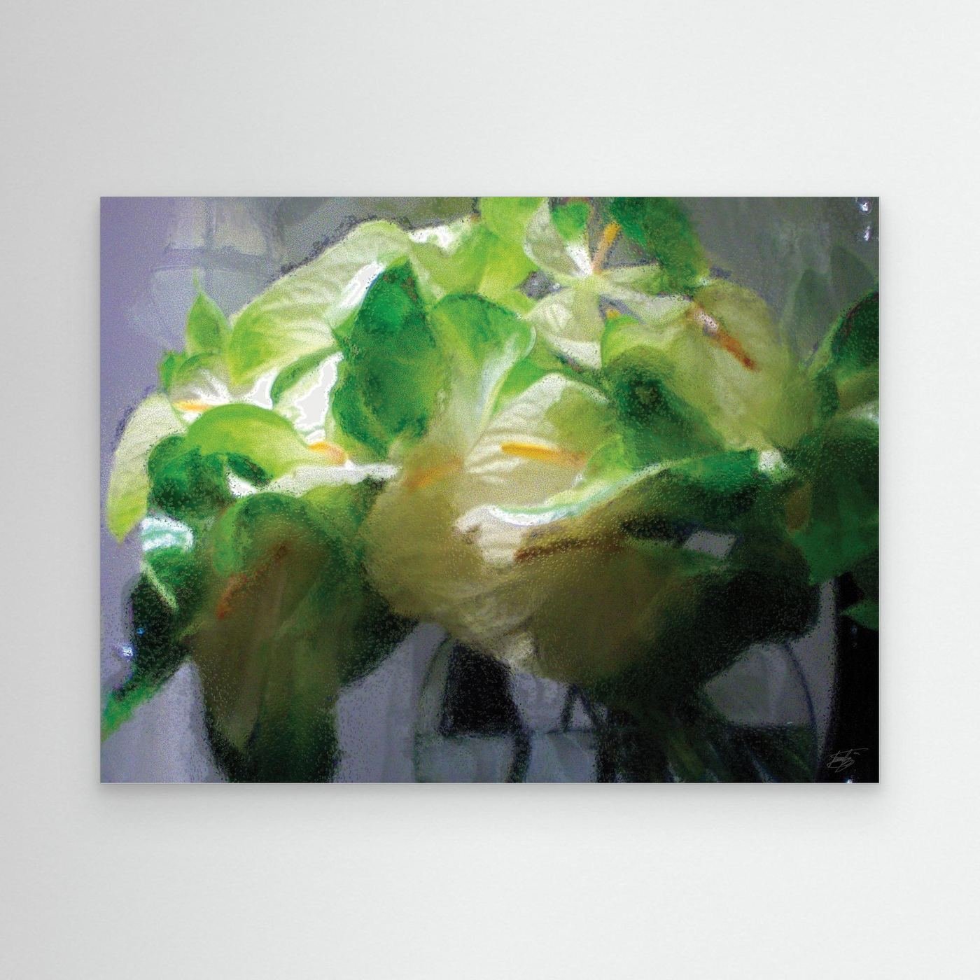 Abstract fine art print of a white and green calla lily bouquet with a heavily textured frosted glass effect, framed and ready to hang.