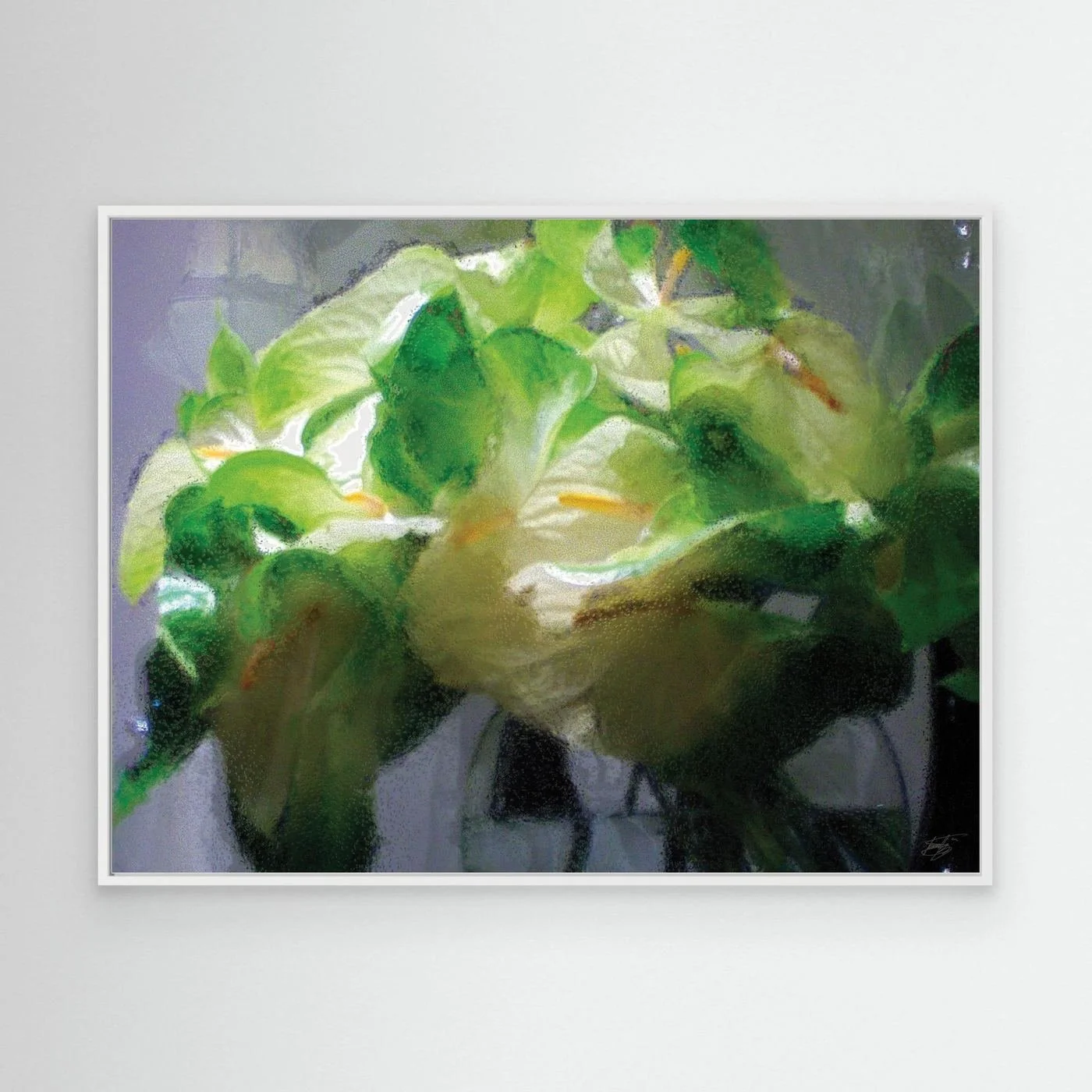 Abstract fine art print of a white and green calla lily bouquet with a heavily textured frosted glass effect, framed and ready to hang. With white frame