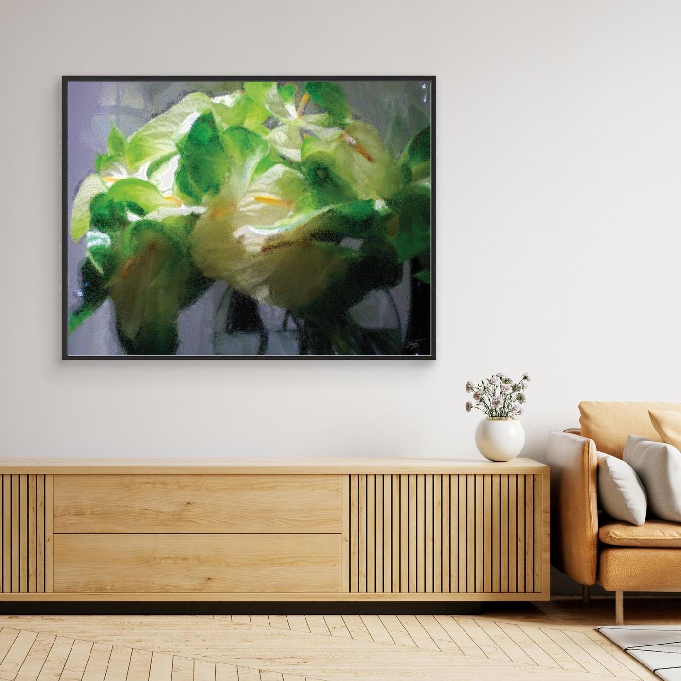 Abstract fine art print of a white and green calla lily bouquet with a heavily textured frosted glass effect, framed and ready to hang. Over wooden console