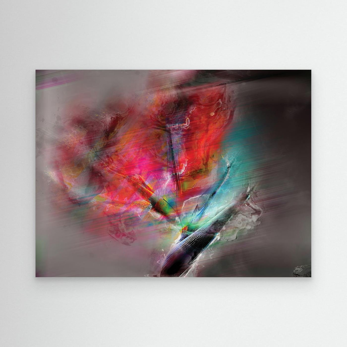 Dynamic fine art print featuring intense streaks of motion in vibrant red, magenta, and turquoise tones over a dark smoky gray background, framed and ready to hang.