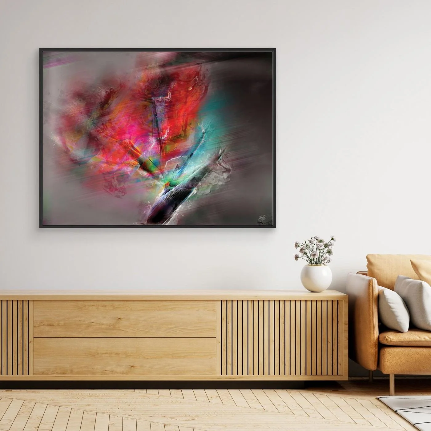Dynamic fine art print featuring intense streaks of motion in vibrant red, magenta, and turquoise tones over a dark smoky gray background, framed and ready to hang. Over wooden console