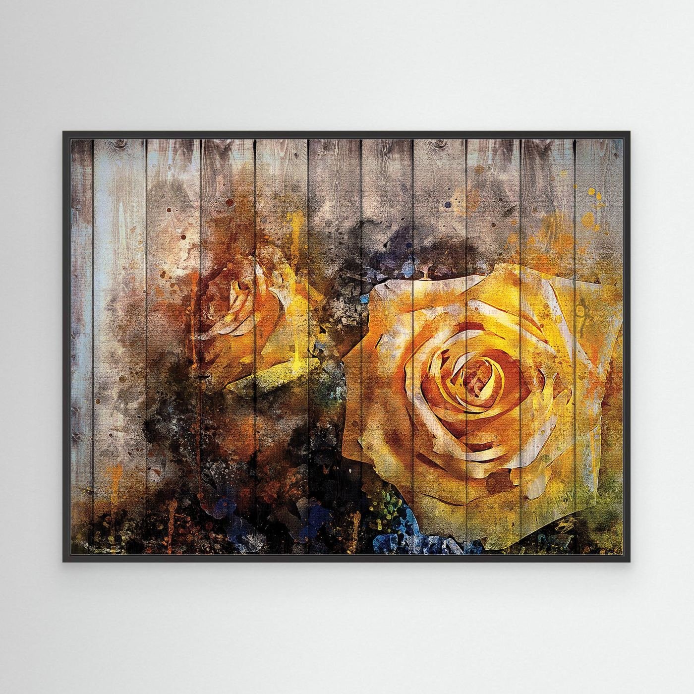 Vintage-style fine art print featuring an abstract yellow rose in watercolor splatters overlaid on a rustic wooden plank texture background, framed and ready to hang. With black frame