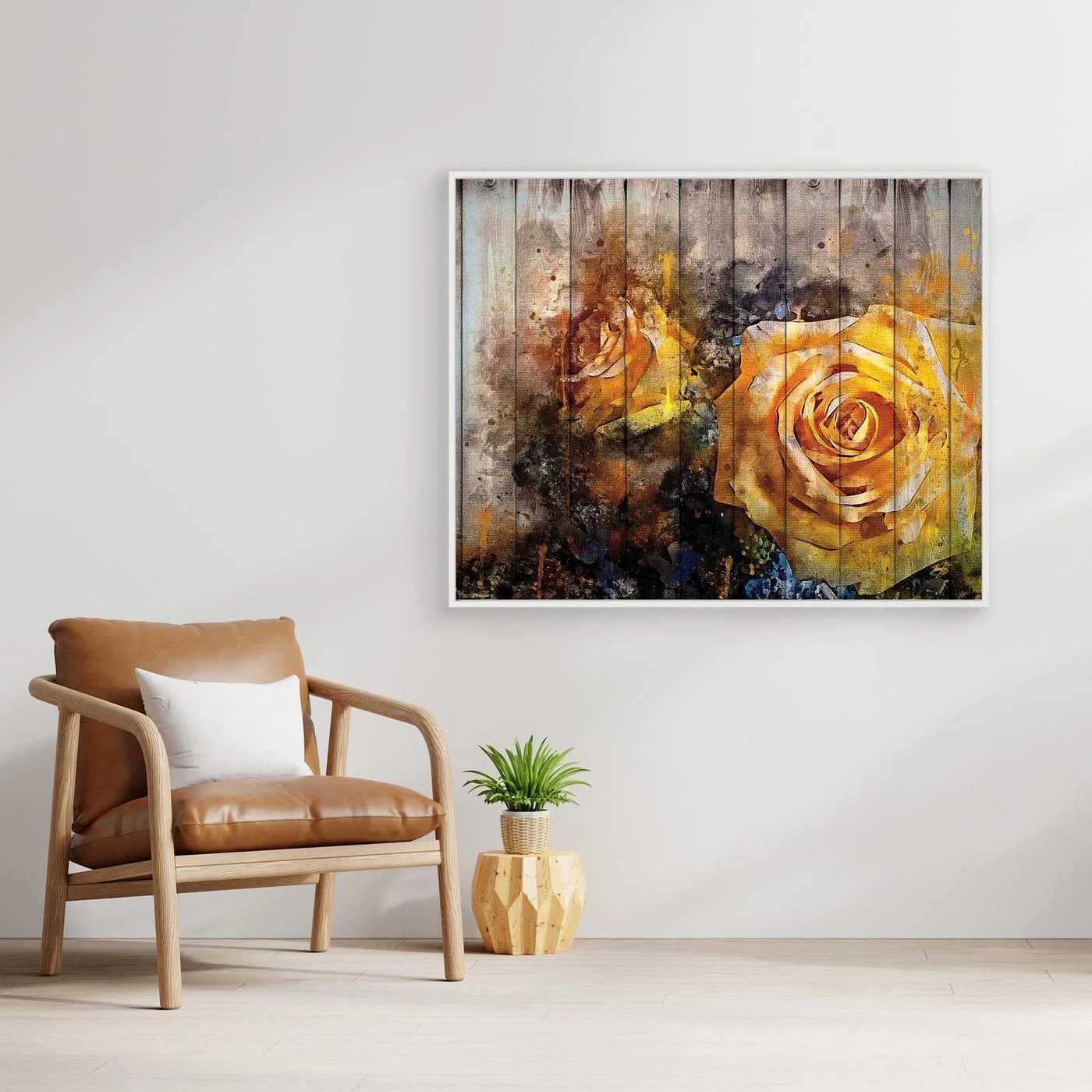 Vintage-style fine art print featuring an abstract yellow rose in watercolor splatters overlaid on a rustic wooden plank texture background, framed and ready to hang. With chair