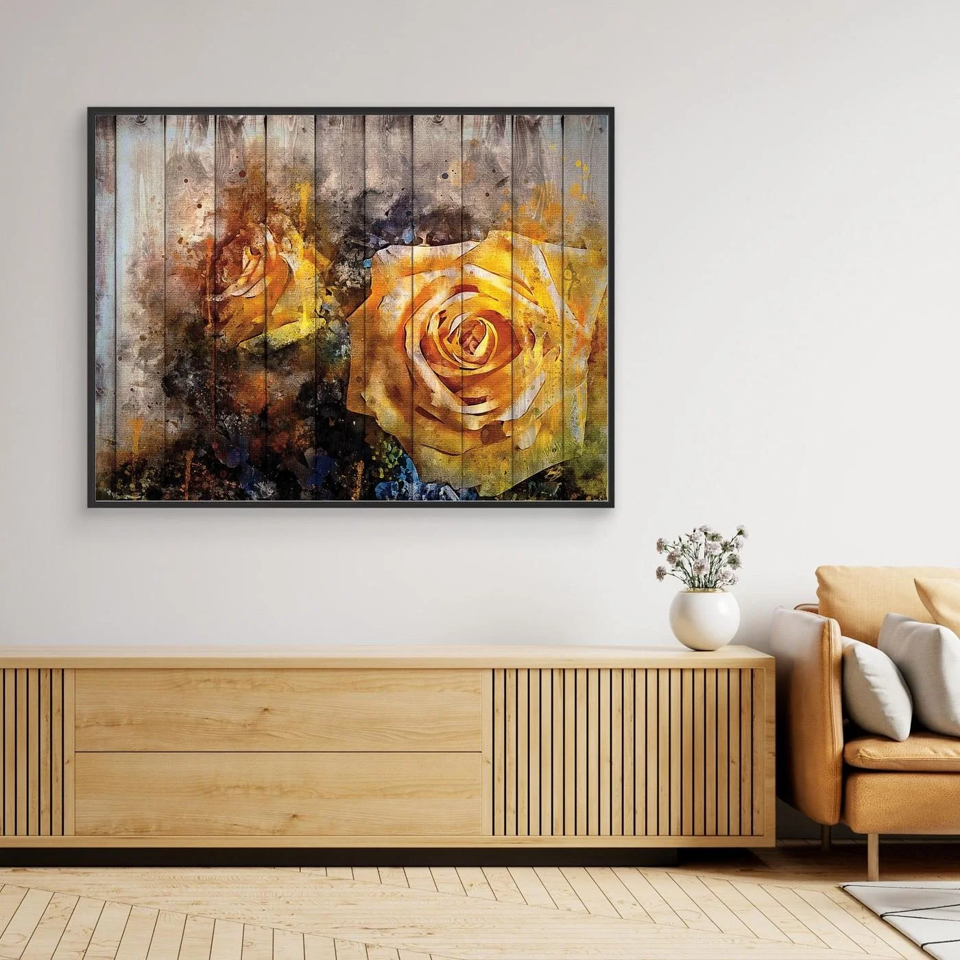 Vintage-style fine art print featuring an abstract yellow rose in watercolor splatters overlaid on a rustic wooden plank texture background, framed and ready to hang. Over wooden console