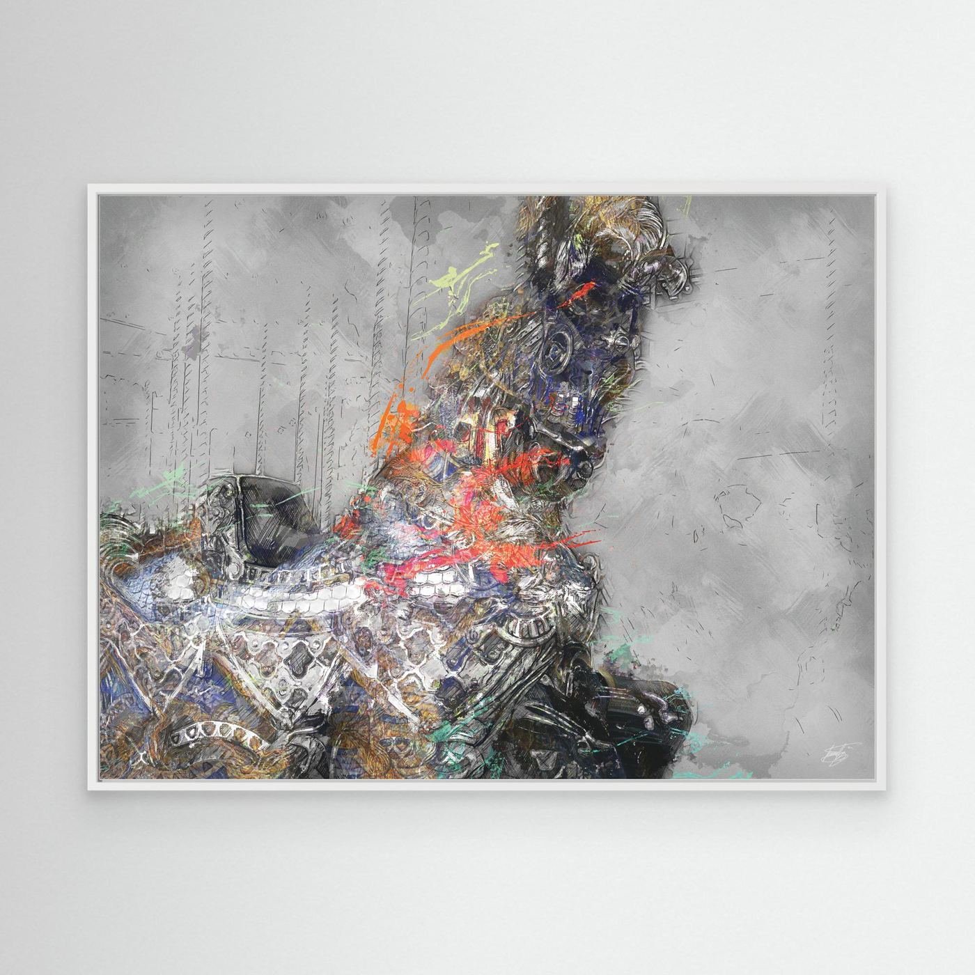 Contemporary fine art print of an intricate robotic cyberpunk horse with mechanical gears and vibrant paint splatters against a textured grey background, framed and ready to hang. With white frame