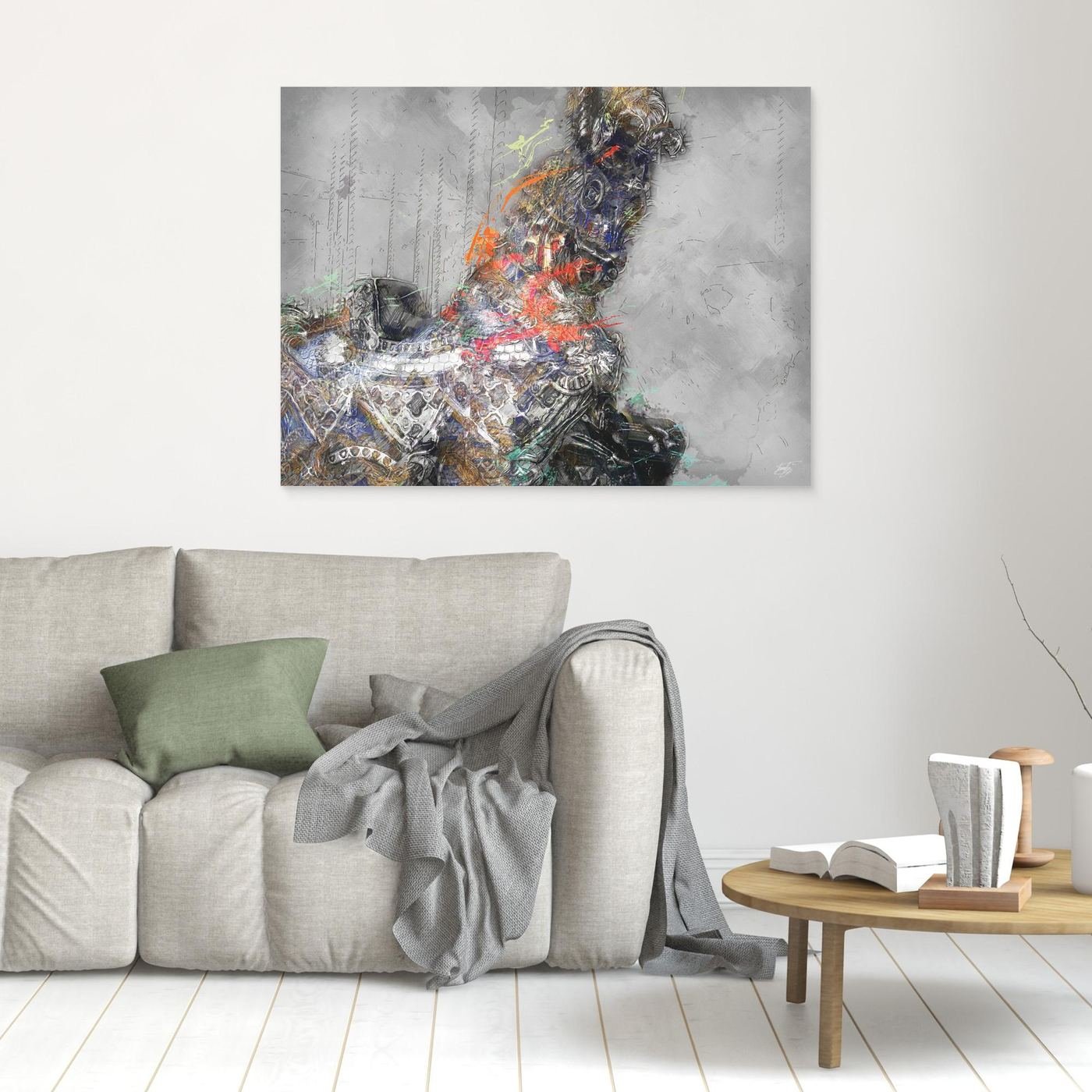 Contemporary fine art print of an intricate robotic cyberpunk horse with mechanical gears and vibrant paint splatters against a textured grey background, framed and ready to hang. In living room