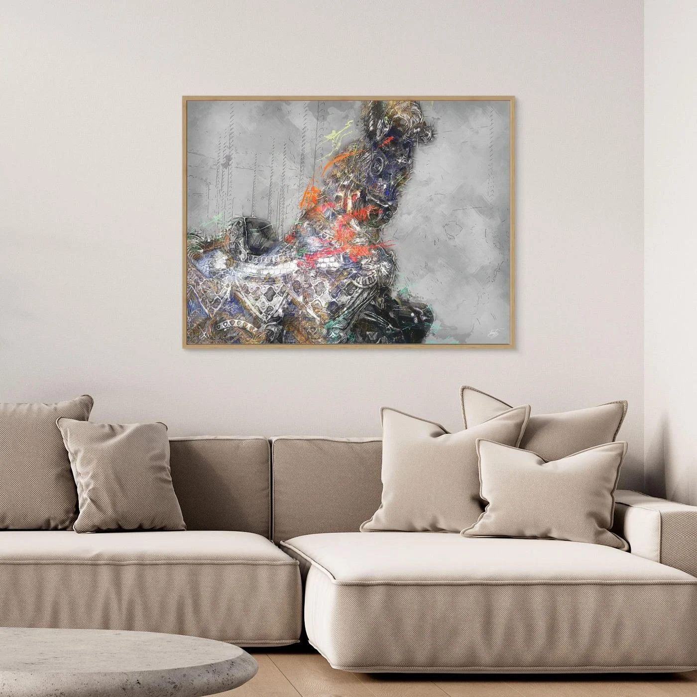 Contemporary fine art print of an intricate robotic cyberpunk horse with mechanical gears and vibrant paint splatters against a textured grey background, framed and ready to hang. Over grey couch
