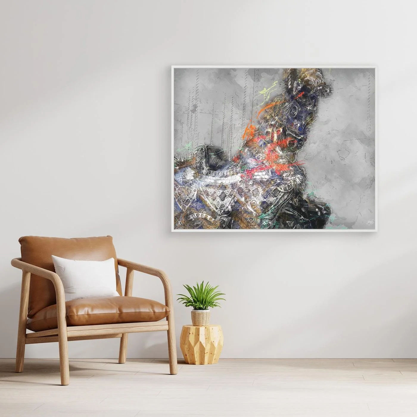 Contemporary fine art print of an intricate robotic cyberpunk horse with mechanical gears and vibrant paint splatters against a textured grey background, framed and ready to hang. With chair