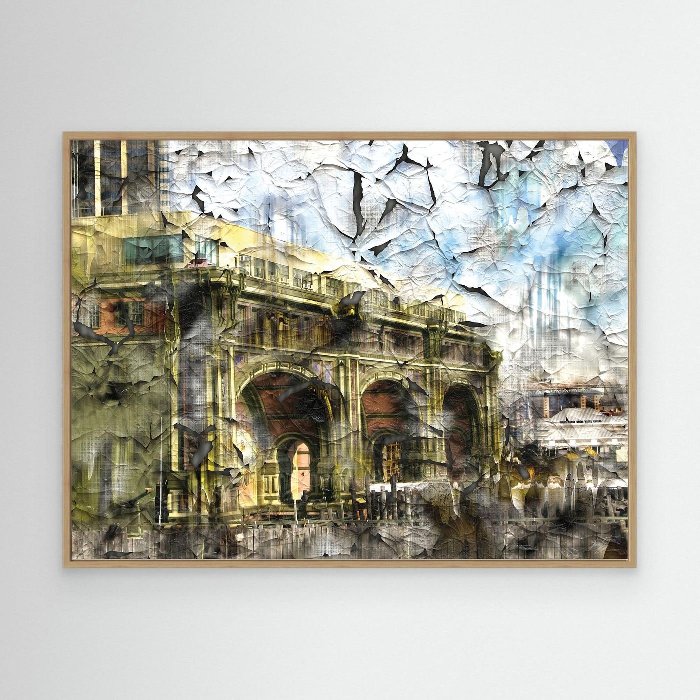 Abstract fine art print showcasing classical building arches with heavy cracked and distressed paint textures in gold, grey, and soft blue tones, framed and ready to hang. With wooden frame