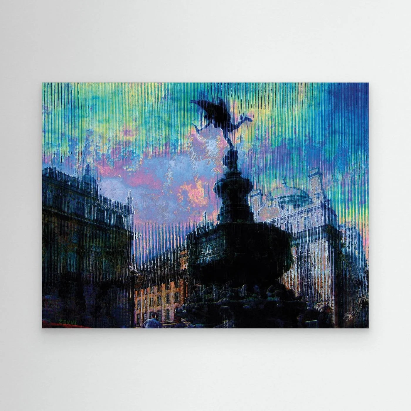 Contemporary fine art print of Piccadilly Circus and the Eros Fountain in London, deconstructed through a vertical glitch texture with a vibrant twilight color palette, framed and ready to hang.