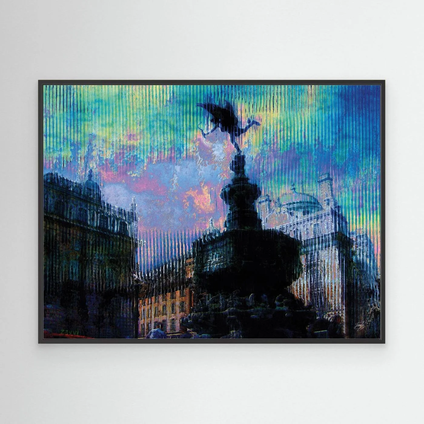 Contemporary fine art of Piccadilly Circus in London, deconstructed through a vertical glitch texture with a vibrant twilight color palette, framed and ready to hang. With black frame