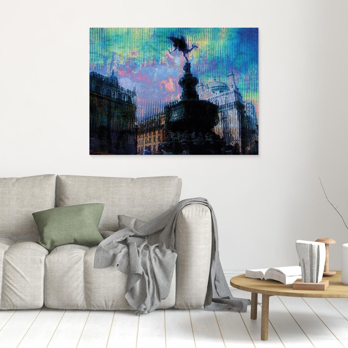 Contemporary fine art of Piccadilly Circus in London, deconstructed through a vertical glitch texture with a vibrant twilight color palette, framed and ready to hang. In living room